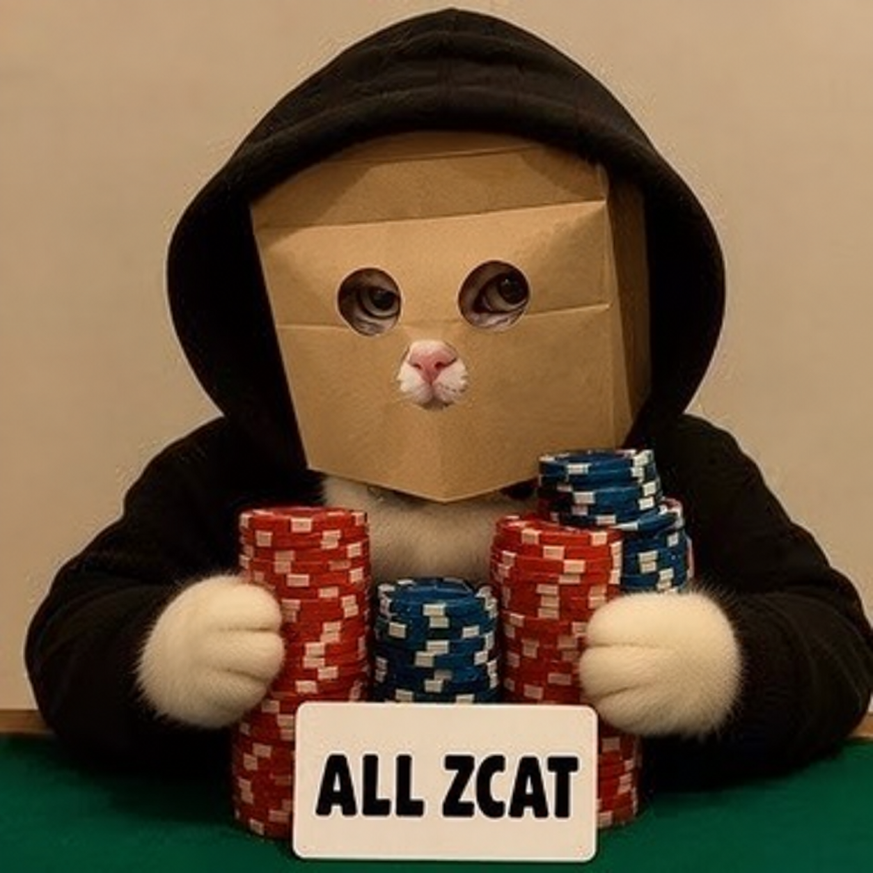 All Anonymous Cat in a black hoodie at a poker table with chips and an ALL ZCAT sign